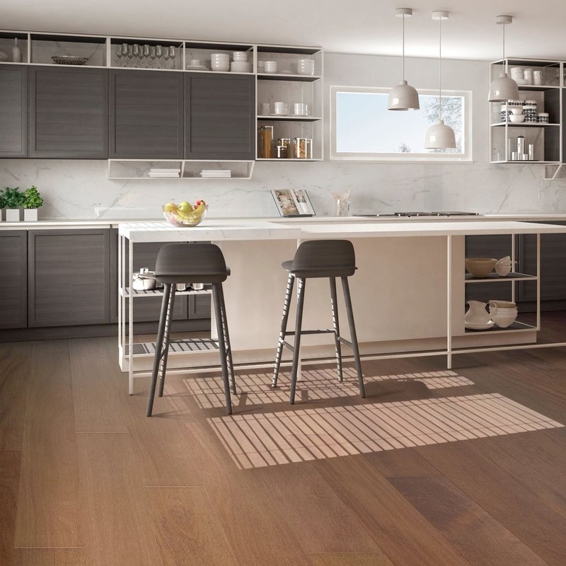 White bar table for kitchen and brown hardwood floor from Flooring Xpress Enterprise and Design in Chicago, IL